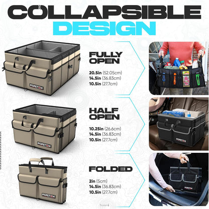 FORTEM Car Trunk Organizer, Collapsible Multi Compartment Car Organizer, Foldable SUV Storage for Car Accessories for Women Men, Non Slip Bottom, Securing Straps, Soft Cover 50L (Black, Standard)