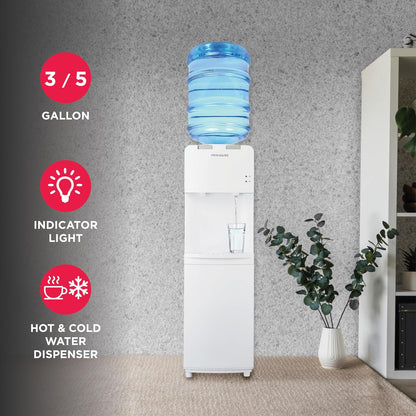 Frigidaire EFWC498, Top Load Hot & Cold Water Cooler Dispenser for Home, Garage, Dorm, RV & Cottage, 3 and 5 Gallon Bottles, 11" D x 11.5" W x 36" H, White