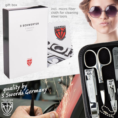 3 Swords Germany - brand quality 8 piece manicure pedicure grooming kit set for professional finger & toe nail care scissors clipper fashion leather case camou in gift box, Made in Germany