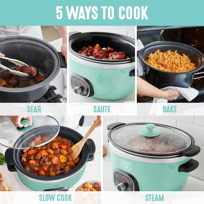 GreenLife 6QT Ceramic Slow Cooker, PFAS-Free, Programmable, Removable Healthy Nonstick Pot for Family Meals, Sear on Stovetop, Keep Warm, Digital Timer, Dishwasher Safe Glass Lid, Turquoise
