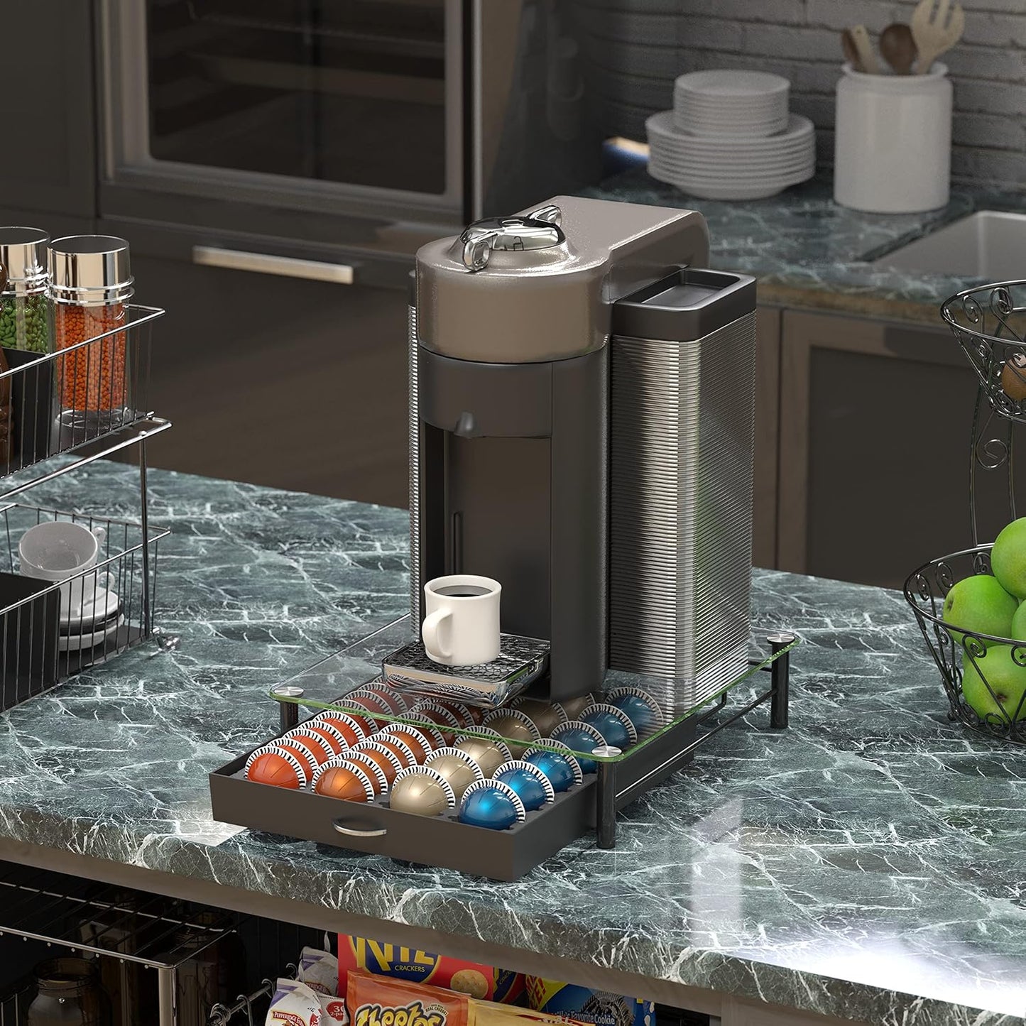 DecoBrothers Vertuo Pod Holder VertuoLine Drawer Storage for Nespresso Coffee Capsules, Crystal Tempered Glass, White