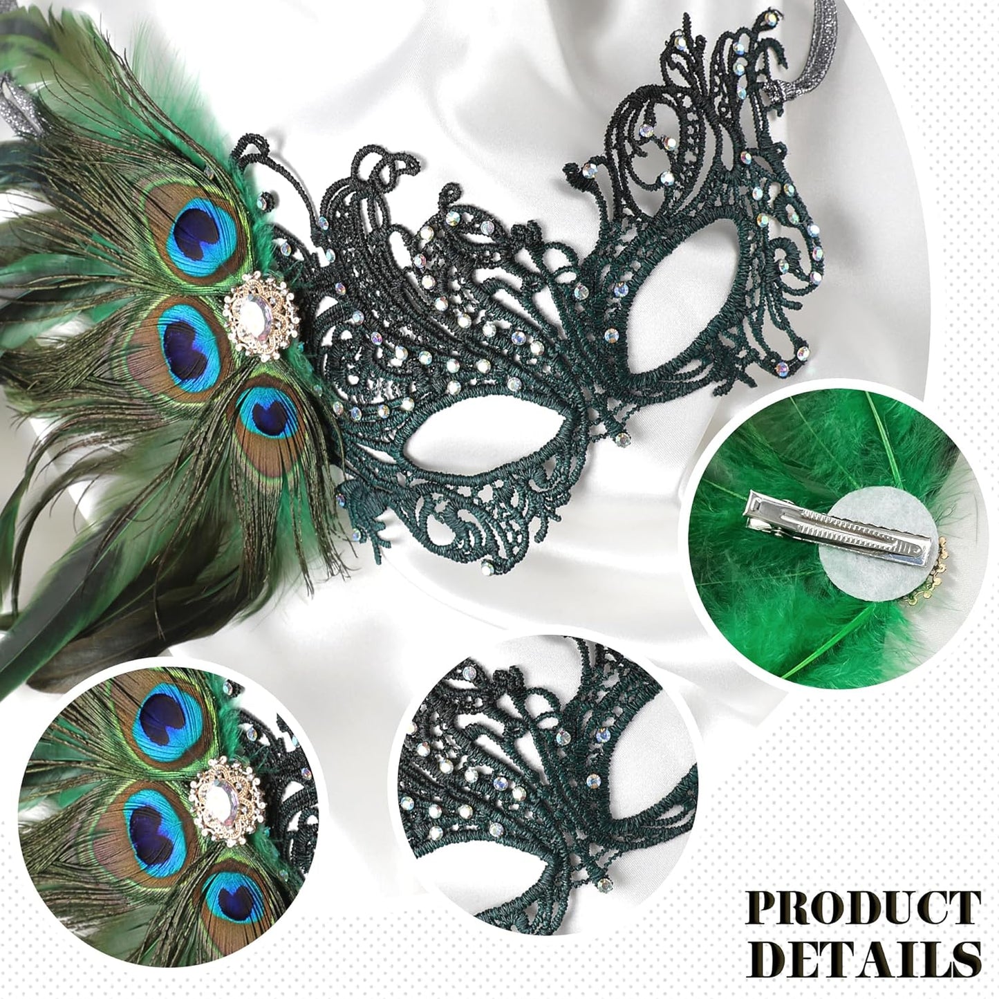 Zinniday Lace Masquerade Masks for Women - 1920s Peacock Feather Venetian Mask for Halloween Couples Mardi Gras Ball