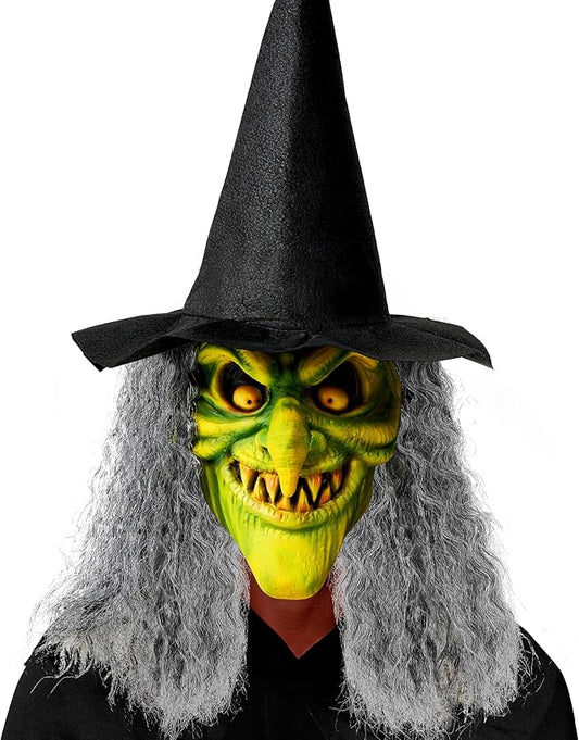 Spooktacular Creations Halloween Scary Witch Mask, Creepy Latex Monster Face Mask with Black Hat Hair for Adult Halloween Horror Evil Cosplay Costume Accessories, Realistic Party Dress Up Prop