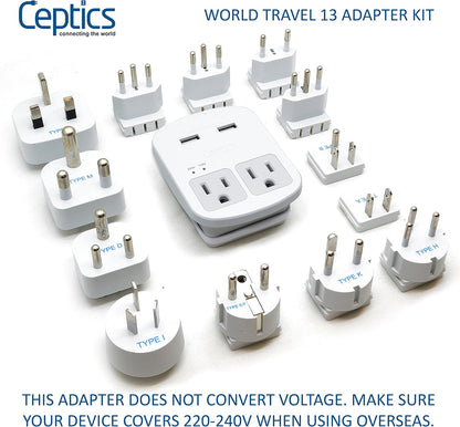 Ceptics Universal Travel Adapter kit, Dual USB (QC 3.0) + 2 US outlets + USB-C Cable, Use with Chargers, Cell Phones, Laptops, 6 Plug attachments for Worldwide use (Does Not Convert Voltage) (WPS-2B)