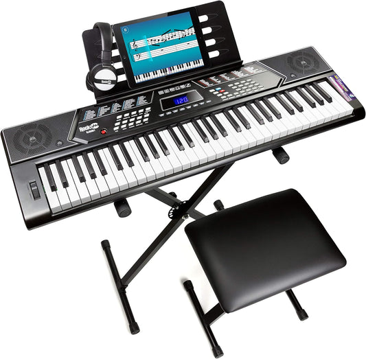 RockJam 61 Key Keyboard Piano With Pitch Bend Kit, Keyboard Stand, Piano Bench, Headphones, Simply Piano App & Keynote Stickers