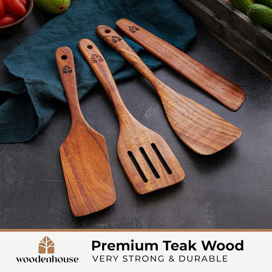 Wooden Spatula for Cooking, Kitchen Spatula Set of 4, Natural Teak Kitchen Utensils Including Paddle, Turner, Slotted Spurtle and Wood Scraper - Nonstick cookware - PuriLite