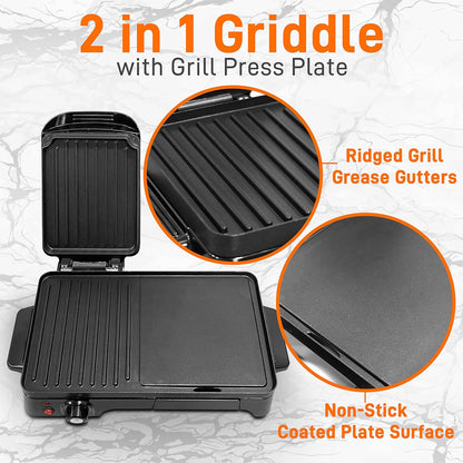NutriChef Electric Griddle - Dual Hot Plate Cooktop Crepe Maker with Press Grill, Nonstick Coating, Rotary Temperature Control, Plug-in Operation & Oil Tray for Kitchen & Countertop (PKGRIL43)