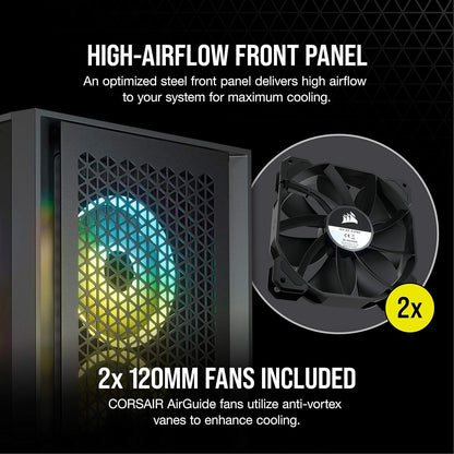 CORSAIR 3000D Airflow Mid-Tower PC Case – 2X SP120 Elite Fans – Four-Slot GPU Support – Fits up to 8X 120mm Fans – High-Airflow Design – Black