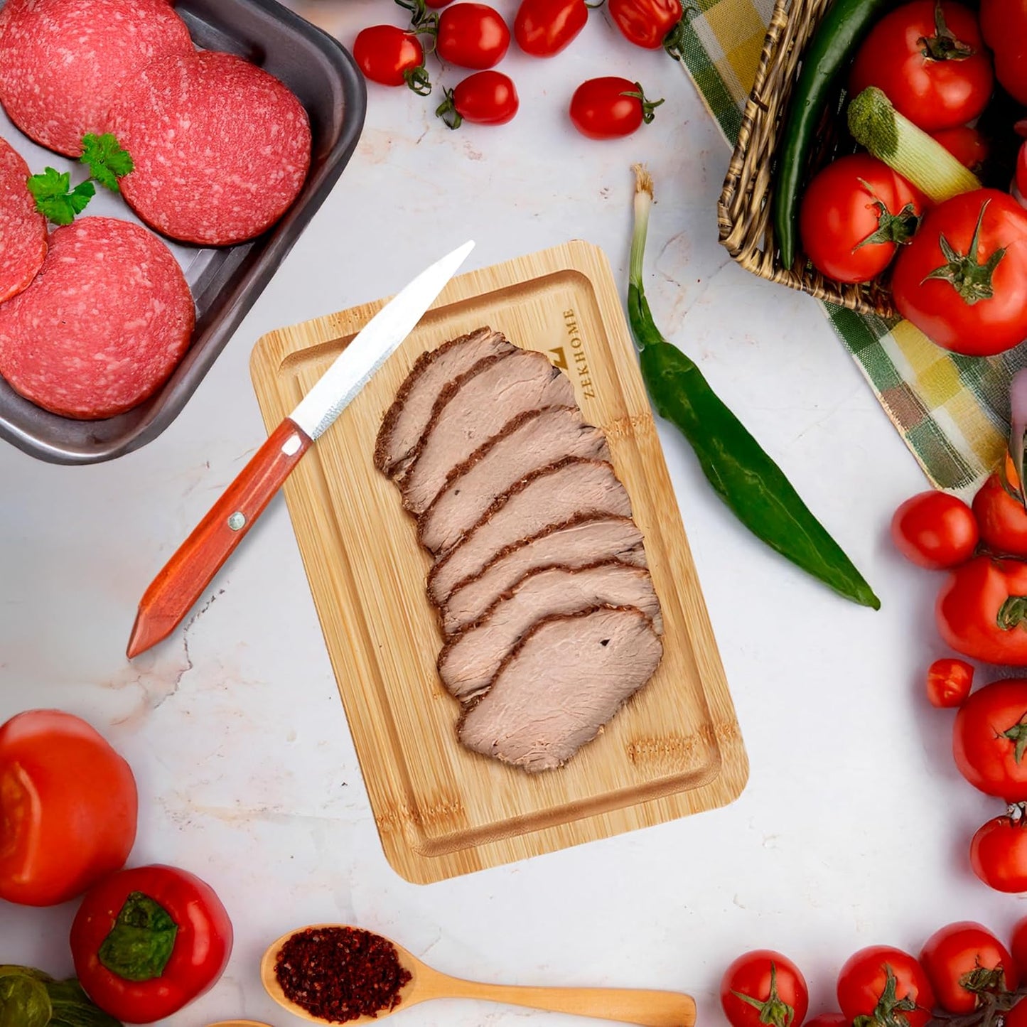 Bamboo Cutting Board Set – Wooden Cutting Board Set with Utensil and Stand – Chopping Board for Kitchen – Usable for Cheese, Meat, Chicken and Vegetables