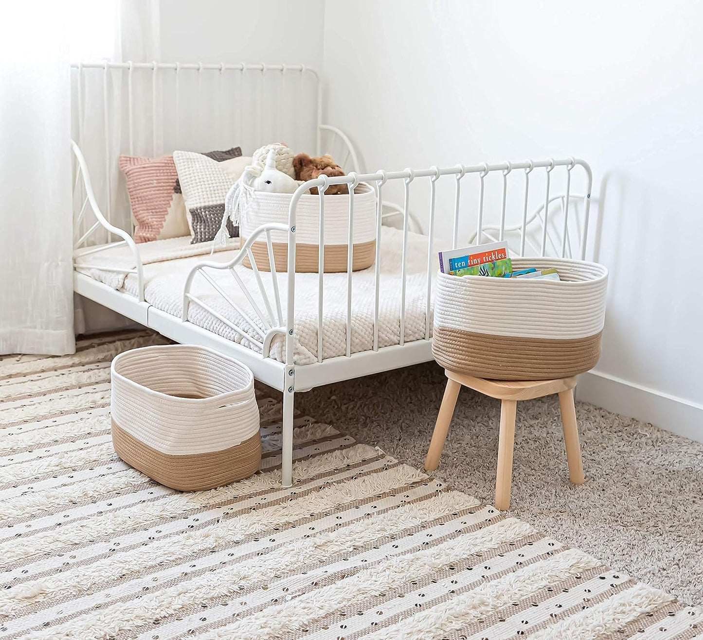 OrganiHaus Soft Woven Baskets for Storage Organization Set of 3, Cotton Rope Nursery Storage Baskets for Shelves, Square Book Bins, Bathroom Towel Hamper, Dog Toy Bins, Panier Rangement - Light Honey