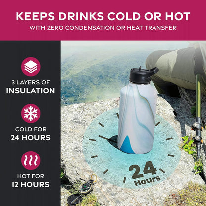 FineDine Water Bottle - Stainless Steel Insulated Water Bottle with Straw Lid, Flip Lid & Wide-Mouth Cap - Keeps Hot and Cold - 25 Oz / 739ml - Pure Pearly White