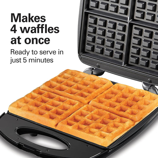 Hamilton Beach 4-Slice Non-Stick Belgian Waffle Maker with Indicator Lights, Compact Design, Black (26020) - PuriLite