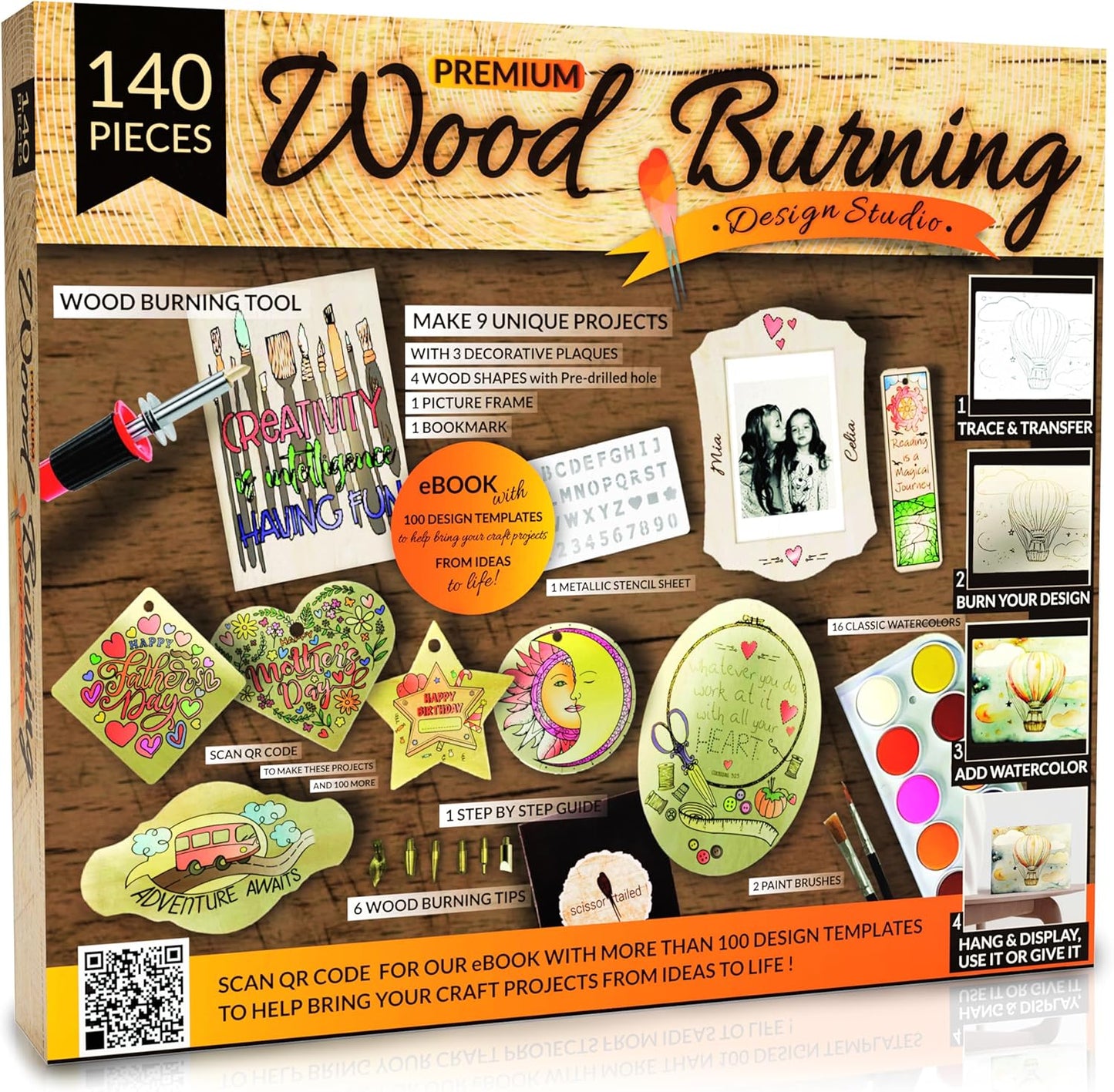 Beginner's Wood-Burning Kit 140 Pieces. Gift Idea for Art & Craft Kit Lovers. Craft Kit With 9 Large Wooden Plaques To Make Unique Wood Burning Projects - PuriLite