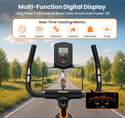 DMASUN Exercise Bike,350 LBS Magnetic Resistance Stationary Bike with 4 Way Adjustable Seat, Hand Pulse Heart Rate, LCD Display, Quiet Belt Drive for Home Cardio Workout