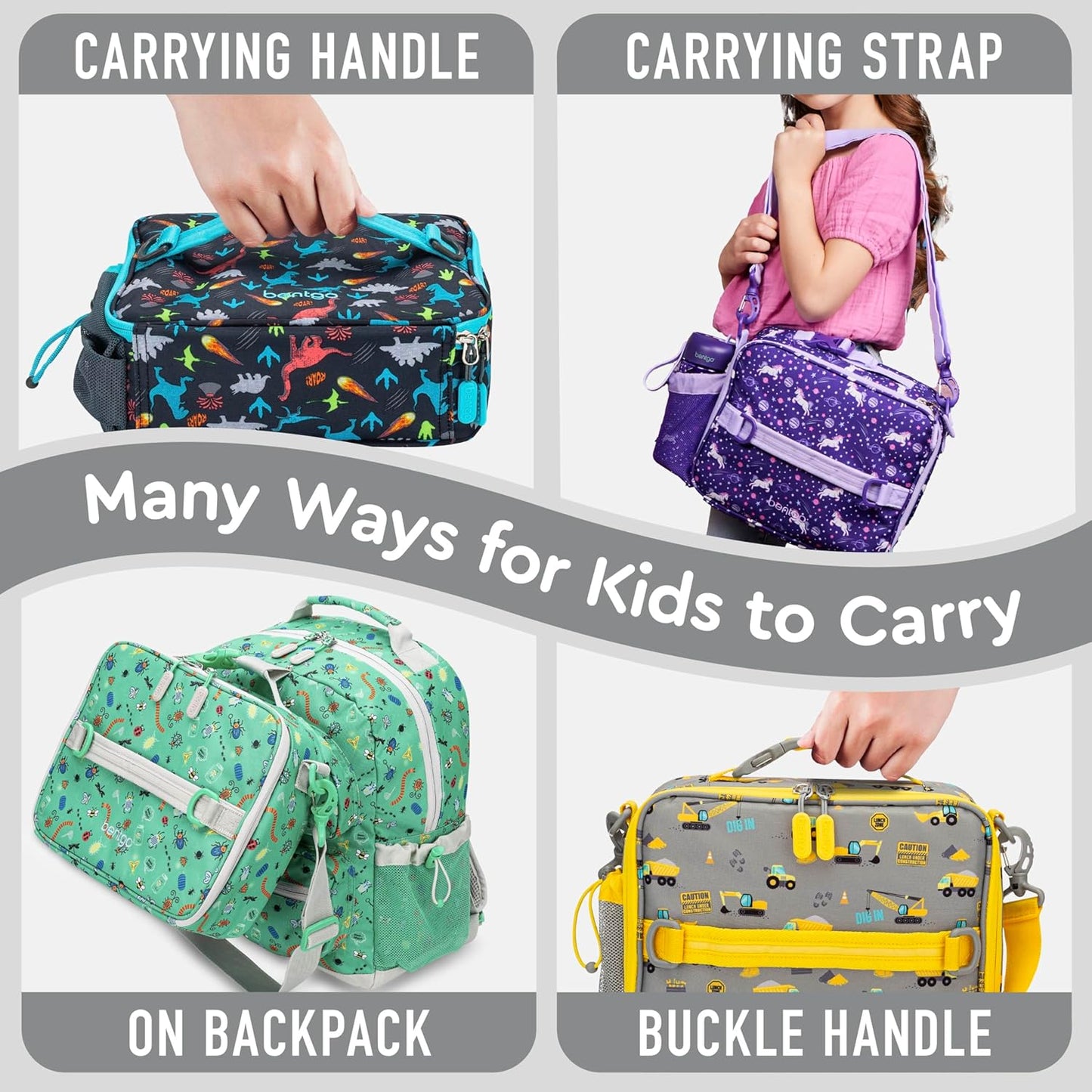 Bentgo® Kids Lunch Bag - Durable, Double Insulated, Water-Resistant Fabric, Interior & Exterior Zippered Pockets, Water Bottle Holder - Ideal for Children 3+ (Shark)