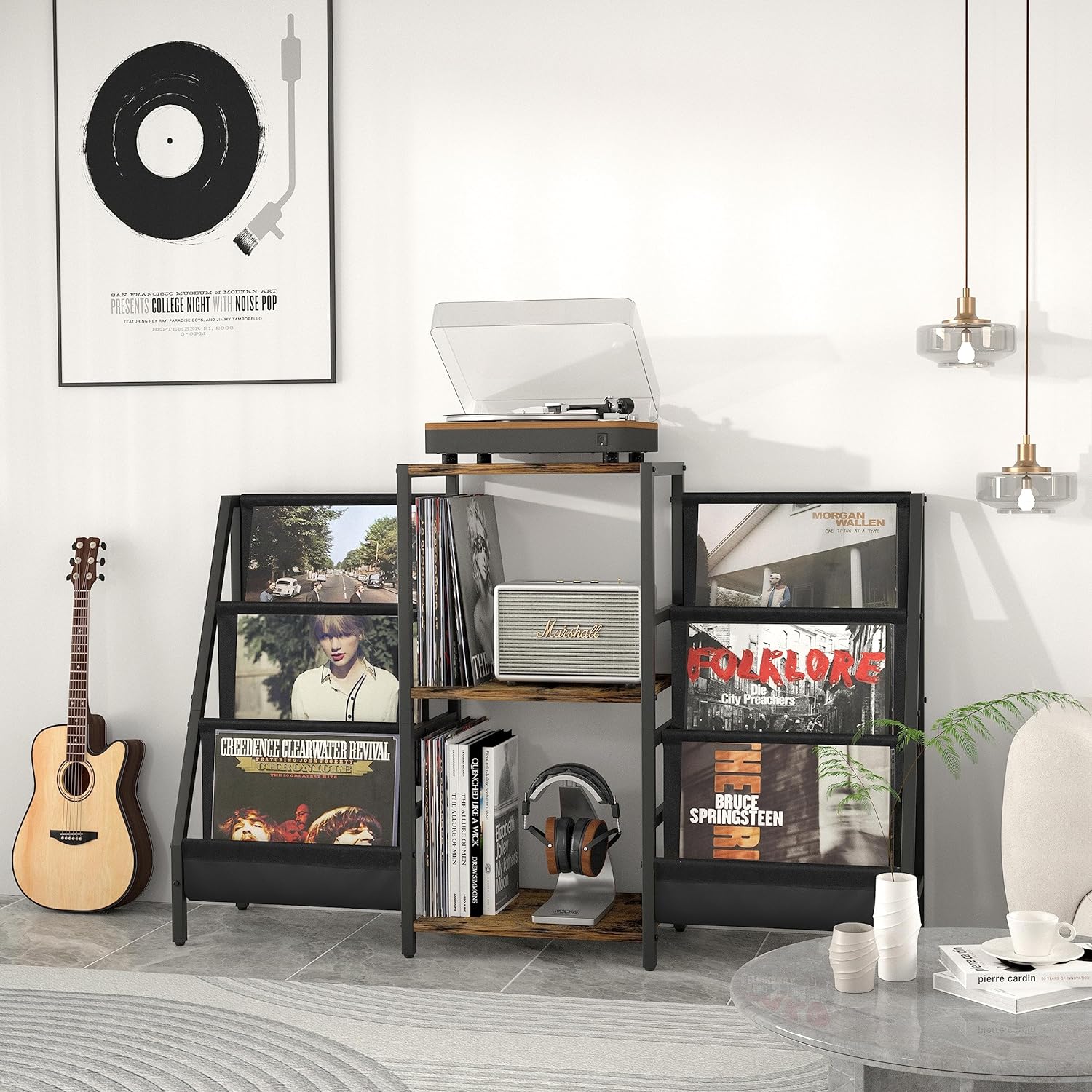 Record Player Stand with Vinyl Storage, Record Player Table with Record Storage 200 Albums, Turntable Stand with Record Holder Vinyl Display Shelf, Record Cabinet Media Stereo (White) - PuriLite
