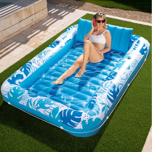 Sloosh Inflatable Tanning Pool Lounger Float-XL, 85" x 57" Extra Large Suntan Sun Tan tub for Adults, Bed Blow up, Raft Lounge Floatie, XL-Blue