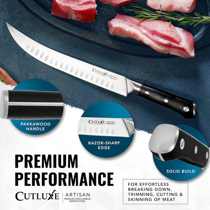 Cutluxe Butcher Knife – 10″ Cimeter Breaking Knife, Razor Sharp Forged High Carbon German Steel, Full Tang Carving Knife, Ergonomic Handle Design – Artisan Series