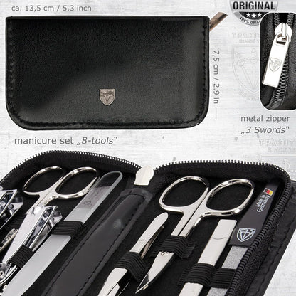 3 Swords Germany - brand quality 8 piece manicure pedicure grooming kit set for professional finger & toe nail care scissors clipper fashion leather case camou in gift box, Made in Germany