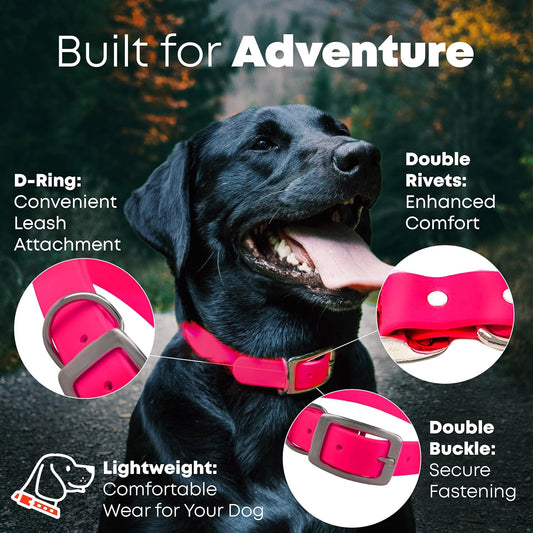 Regal Dog Products Large Pink Waterproof Dog Collar with Heavy Duty Double Buckle & D Ring | Vinyl Coated, Custom Fit, Adjustable Biothane Dog Collar | Chew Resistant Waterproof Collar for Dogs - PuriLite