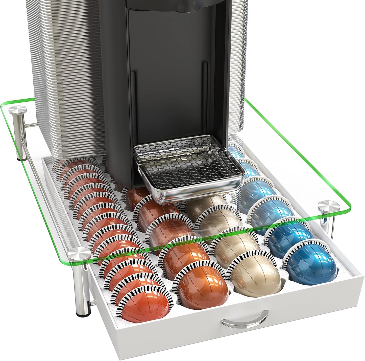 DecoBrothers Vertuo Pod Holder VertuoLine Drawer Storage for Nespresso Coffee Capsules, Crystal Tempered Glass, White