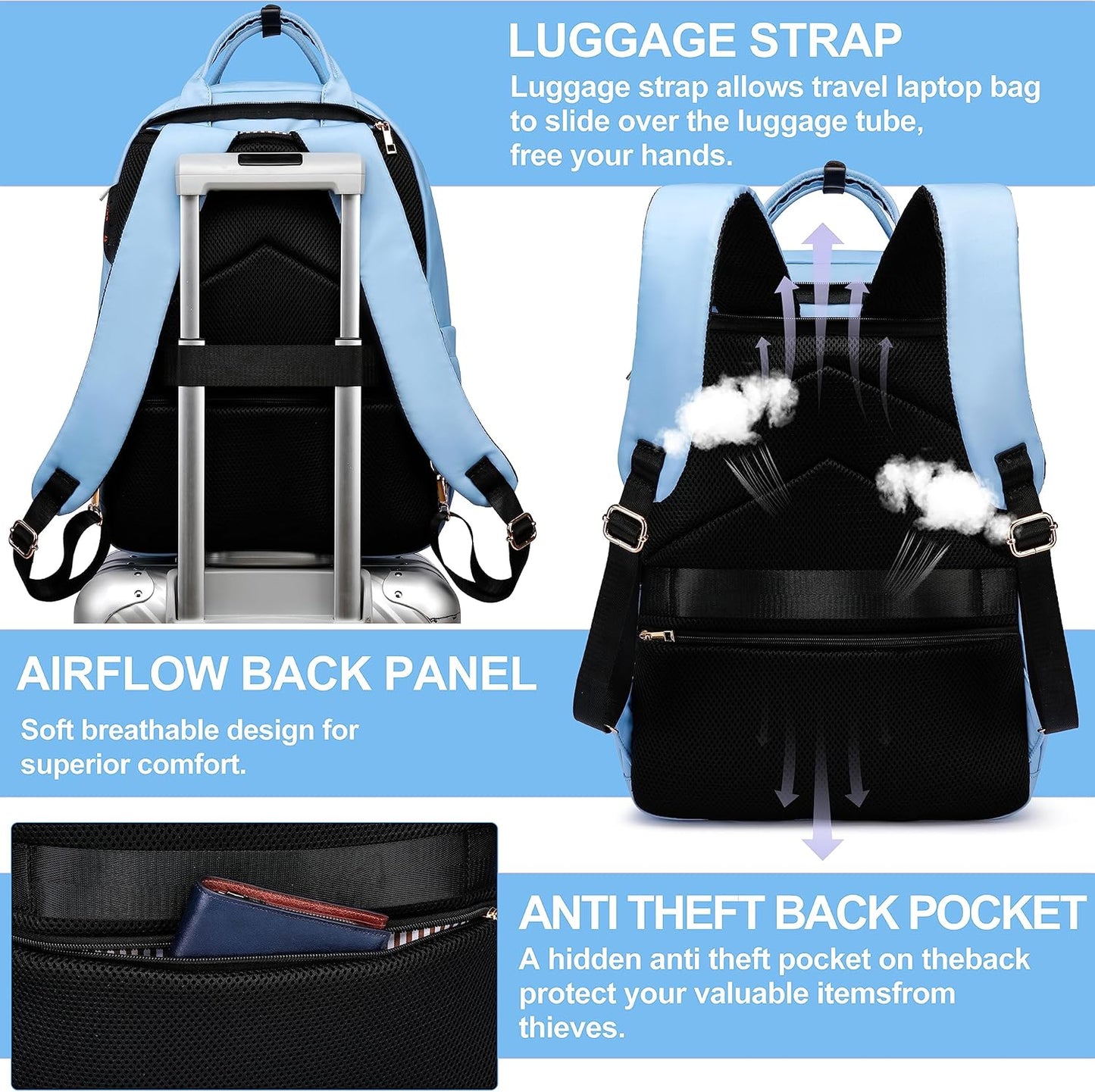 Laptop Backpack for Women Men, Water Resistant Travel Work Backpacks Purse Stylish College Business Teacher Nurse Computer Bag, Fits 17.3" Laptop Light Blue