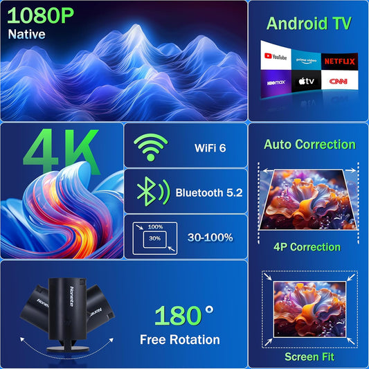 [Built-in App] Mini Projector 1080P, 4K Projector Full HD with WiFi 6 and Bluetooth 5.2, Support 180° Rotatable Portable Projector with Auto Keystone Correction, Compatible with Phone/HDMI/USB-Black