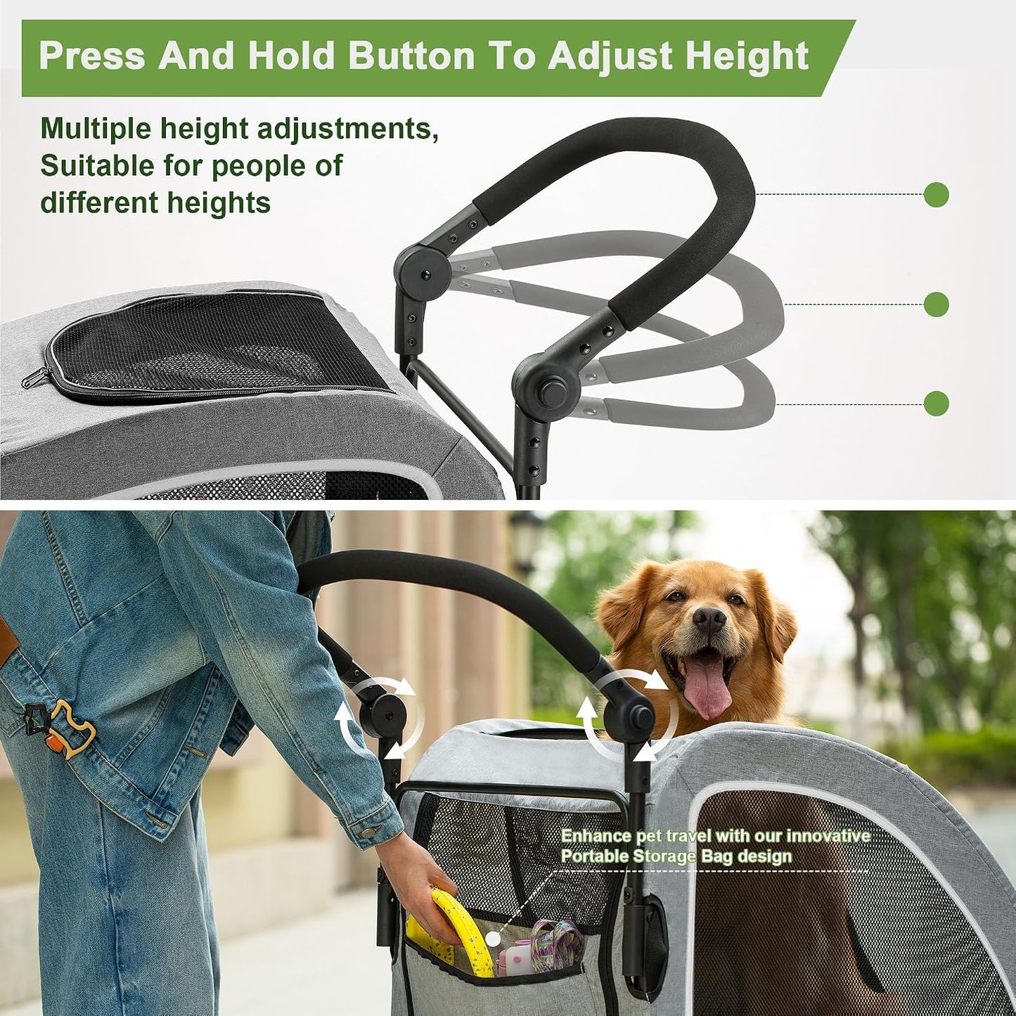 Large Dog Stroller - Dual Entry Safety Folding Pet Stroller with Adjustable Handle, All-Terrain 4-Wheel, 160 lbs Weight Capacity for Travel & Outdoor Adventures - Gray
