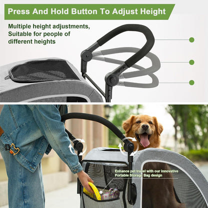 Large Dog Stroller - Dual Entry Safety Folding Pet Stroller with Adjustable Handle, All-Terrain 4-Wheel, 160 lbs Weight Capacity for Travel & Outdoor Adventures - Gray