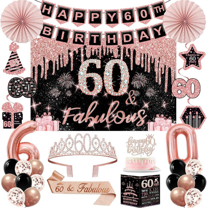 40th Birthday Decorations for Women,32pcs 40th Birthday Party Decorations,Including Backdrop, Crown,Sash,banner, Hanging Swirl,Cake Topper,balloons,Paper Fans,Anniversary Card and paper fans