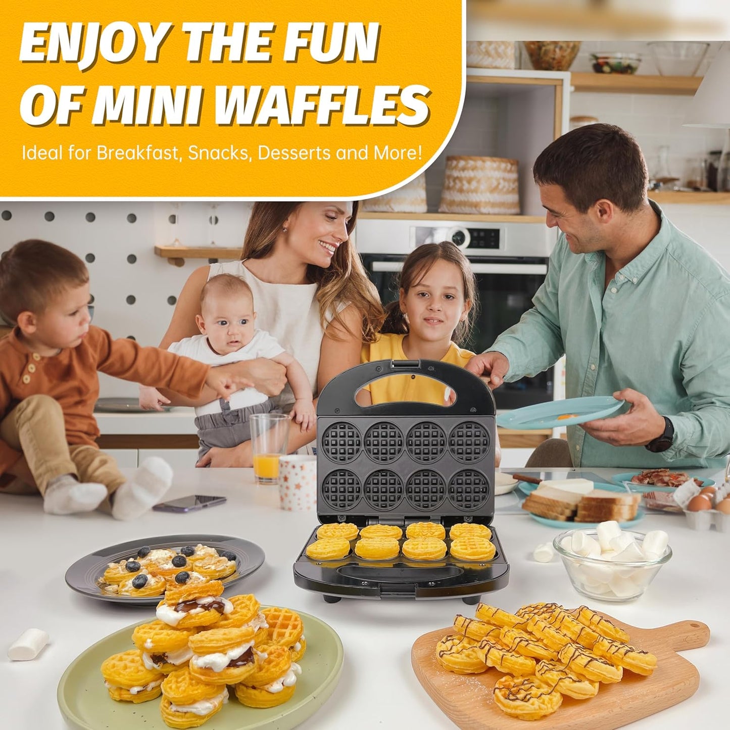 FineMade Mini Waffle Maker Machine, Small Waffle Bites Maker for Kids, Makes 8 x 2” Tiny Waffle Bites, Ideal for Breakfast, Snacks, Desserts and More