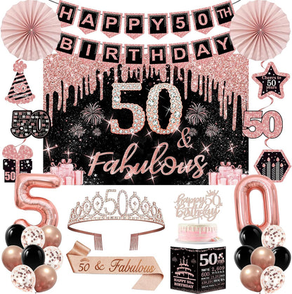 40th Birthday Decorations for Women,32pcs 40th Birthday Party Decorations,Including Backdrop, Crown,Sash,banner, Hanging Swirl,Cake Topper,balloons,Paper Fans,Anniversary Card and paper fans