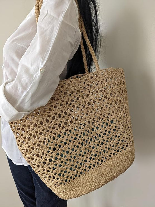 Frost Hats Natural Raffia Beach Tote Bag, Large Crochet Straw Handbag, Made in Madagascar, Beige - PuriLite