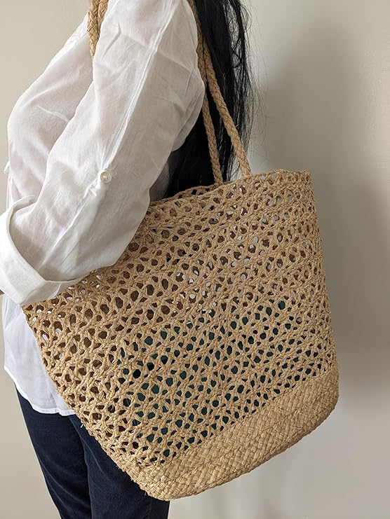 Frost Hats Natural Raffia Beach Tote Bag, Large Crochet Straw Handbag, Made in Madagascar, Beige