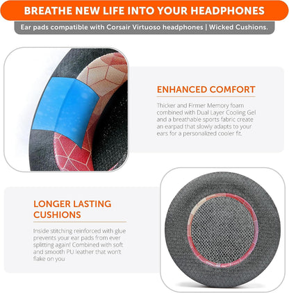 WC Freeze Virtuoso - Hybrid Fabric Cooling Gel Replacement Earpads for Corsair Virtuoso Gaming Headset, Made by Wicked Cushions, Improved Durability, Thickness and Sound Isolation |90s Black