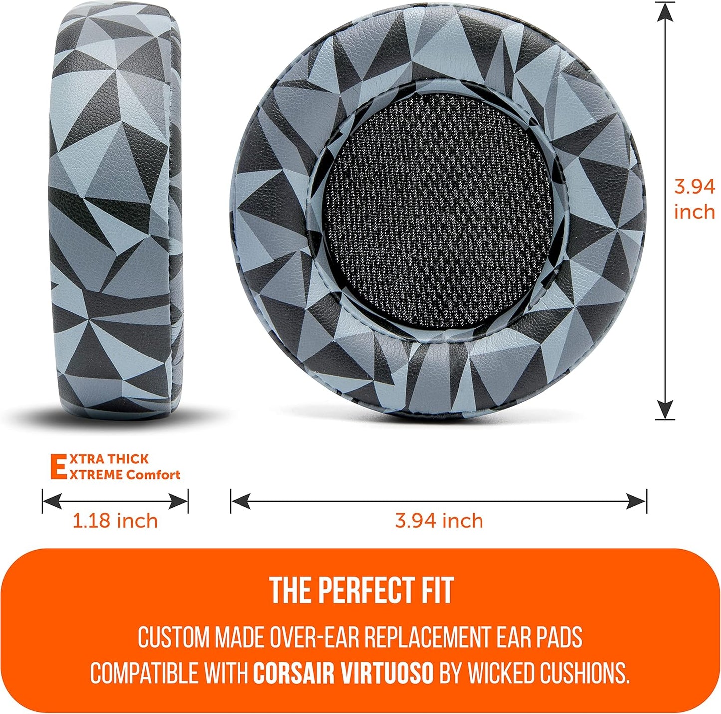 WC Upgraded Replacement Earpads for Corsair Virtuoso RGB Wireless Gaming Headset Made by Wicked Cushions | Improved Durability, Thickness, Softer Leather, and Sound Isolation | (Geo Grey)