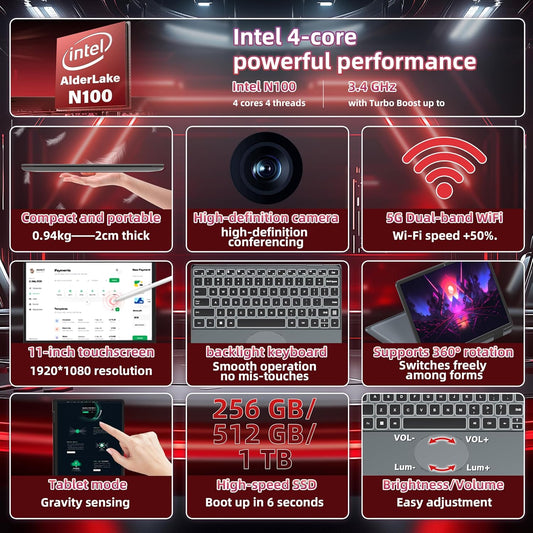 2025 New 2 in 1 Touchscreen Laptop, 11" FHD 1920x1200 IPS Display, Intel 12th Gen N100, 16GB DDR4 RAM, M.2 SSD, 360° Flip, Ultra-Portable Notebook for Students & Professionals (16GB RAM | 256GB SSD) - PuriLite