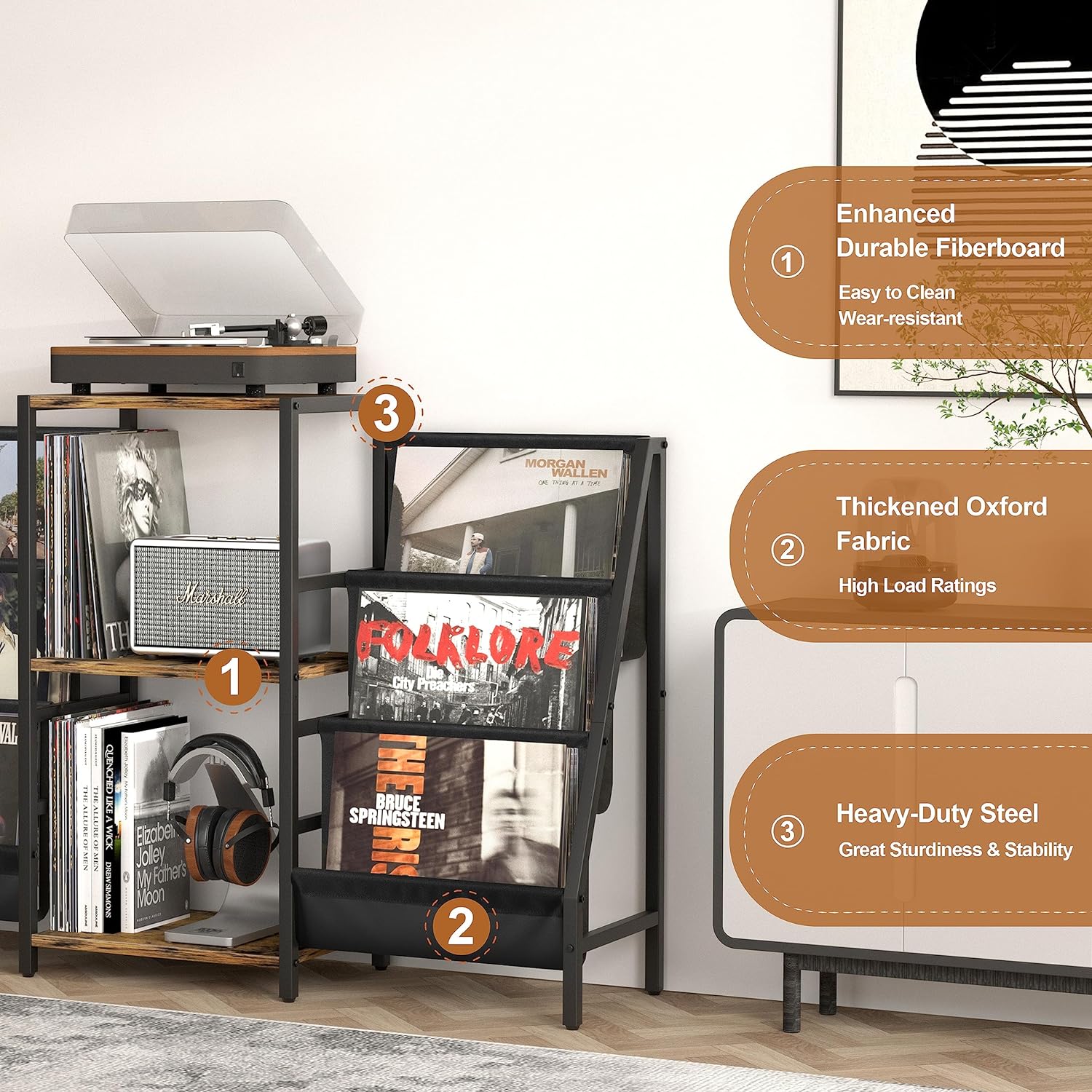 Record Player Stand with Vinyl Storage, Record Player Table with Record Storage 200 Albums, Turntable Stand with Record Holder Vinyl Display Shelf, Record Cabinet Media Stereo (White) - PuriLite