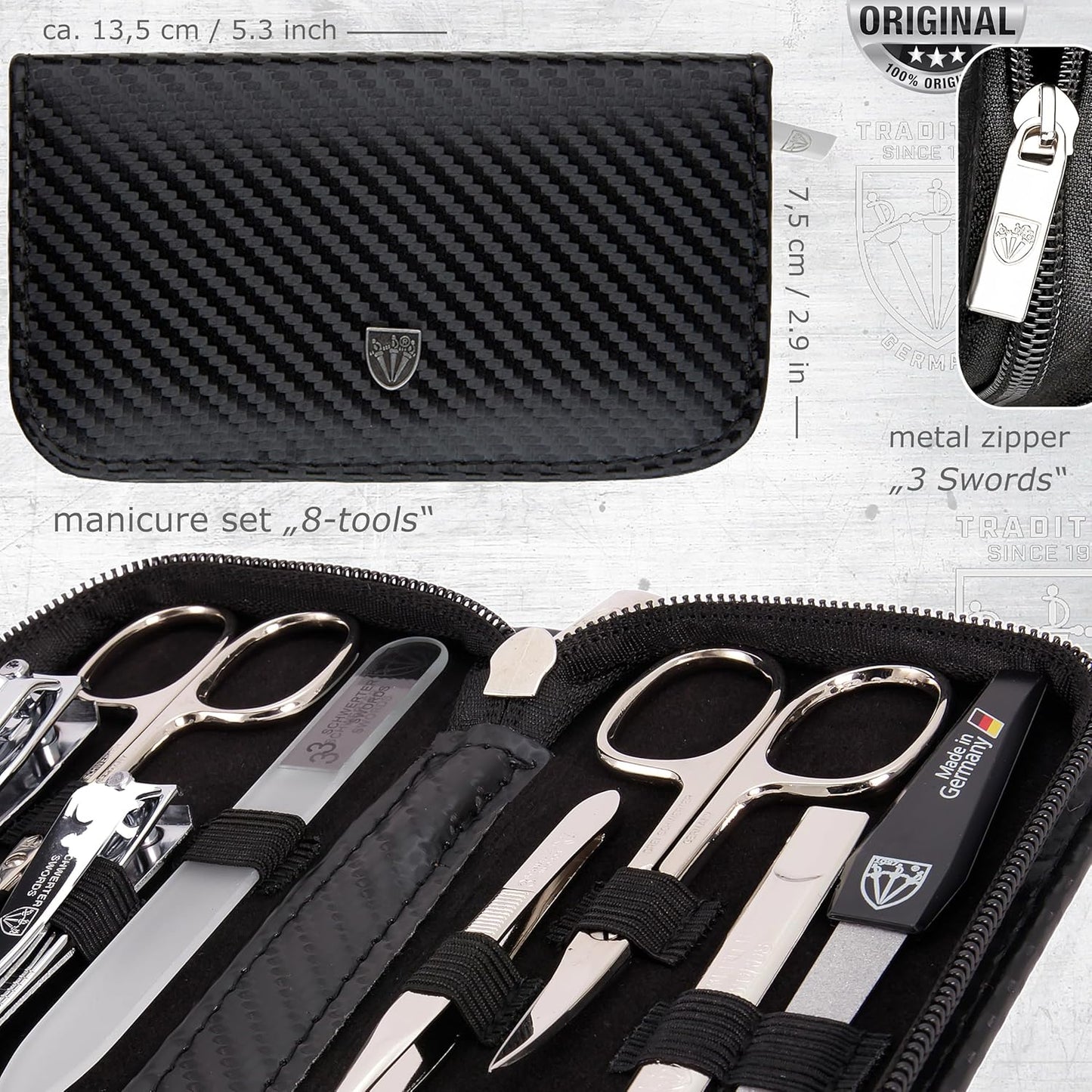3 Swords Germany - brand quality 8 piece manicure pedicure grooming kit set for professional finger & toe nail care scissors clipper fashion leather case camou in gift box, Made in Germany