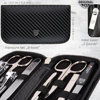 3 Swords Germany - brand quality 8 piece manicure pedicure grooming kit set for professional finger & toe nail care scissors clipper fashion leather case camou in gift box, Made in Germany