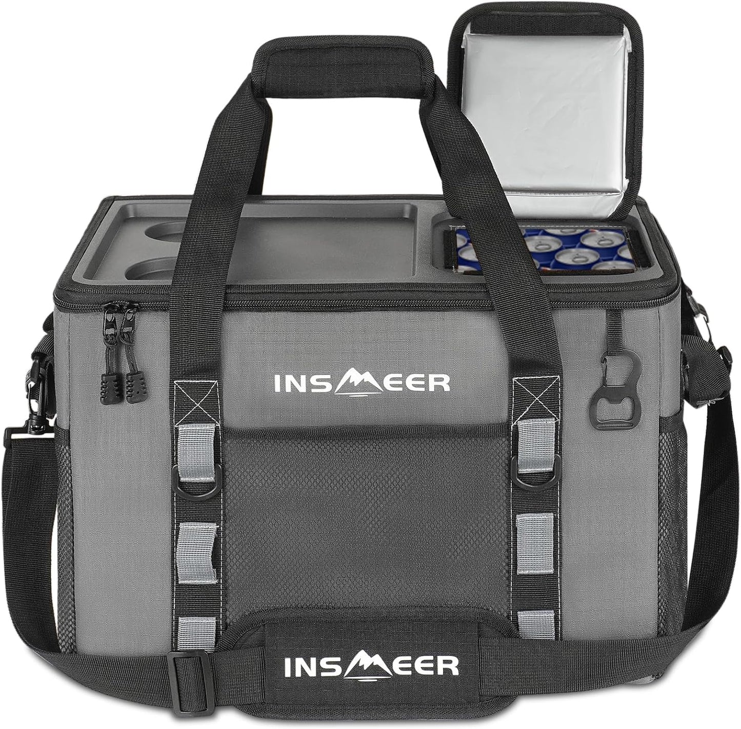 INSMEER Hard Top Soft Cooler with 2 Cup Holders, Large Foldable Cooler Bag - 40L/70 Cans, 100% Leakproof/Insulated/Portable Glaciere with Shoulder Strap for Travel, Beach, Camping, BBQ, Events