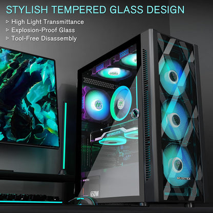 MUSETEX ATX PC Case, 6 x 120 mm PWM ARGB Fans pre-Install, Polygonal Mesh Gaming PC Case, Opening Tempered Glass Side Door Computer Case, Mid-Tower Case, USB 3.0 x 2, Black, NN8