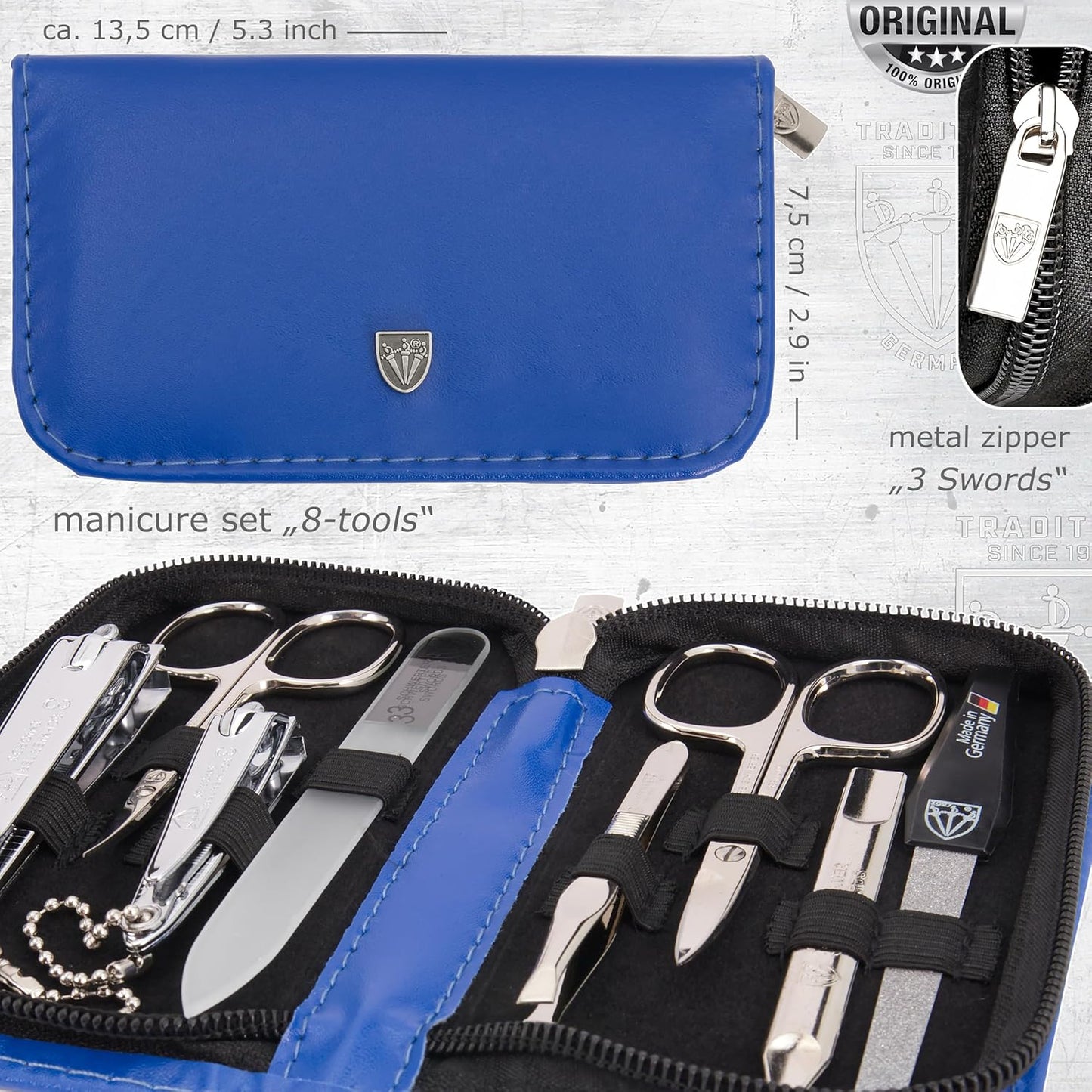 3 Swords Germany - brand quality 8 piece manicure pedicure grooming kit set for professional finger & toe nail care scissors clipper fashion leather case camou in gift box, Made in Germany
