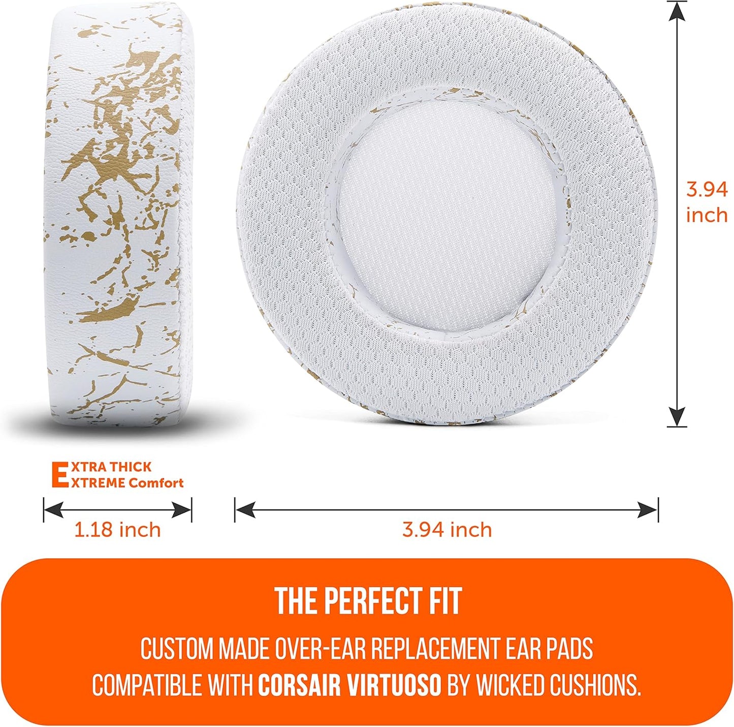 WC Freeze Virtuoso - Hybrid Fabric Cooling Gel Replacement Earpads for Corsair Virtuoso Gaming Headset, Made by Wicked Cushions, Improved Durability, Thickness and Sound Isolation | Gold Marble