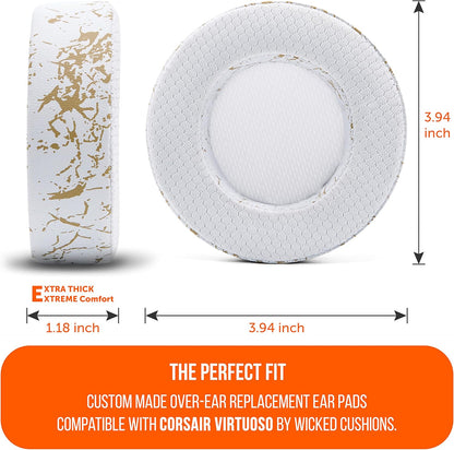 WC Freeze Virtuoso - Hybrid Fabric Cooling Gel Replacement Earpads for Corsair Virtuoso Gaming Headset, Made by Wicked Cushions, Improved Durability, Thickness and Sound Isolation | Gold Marble