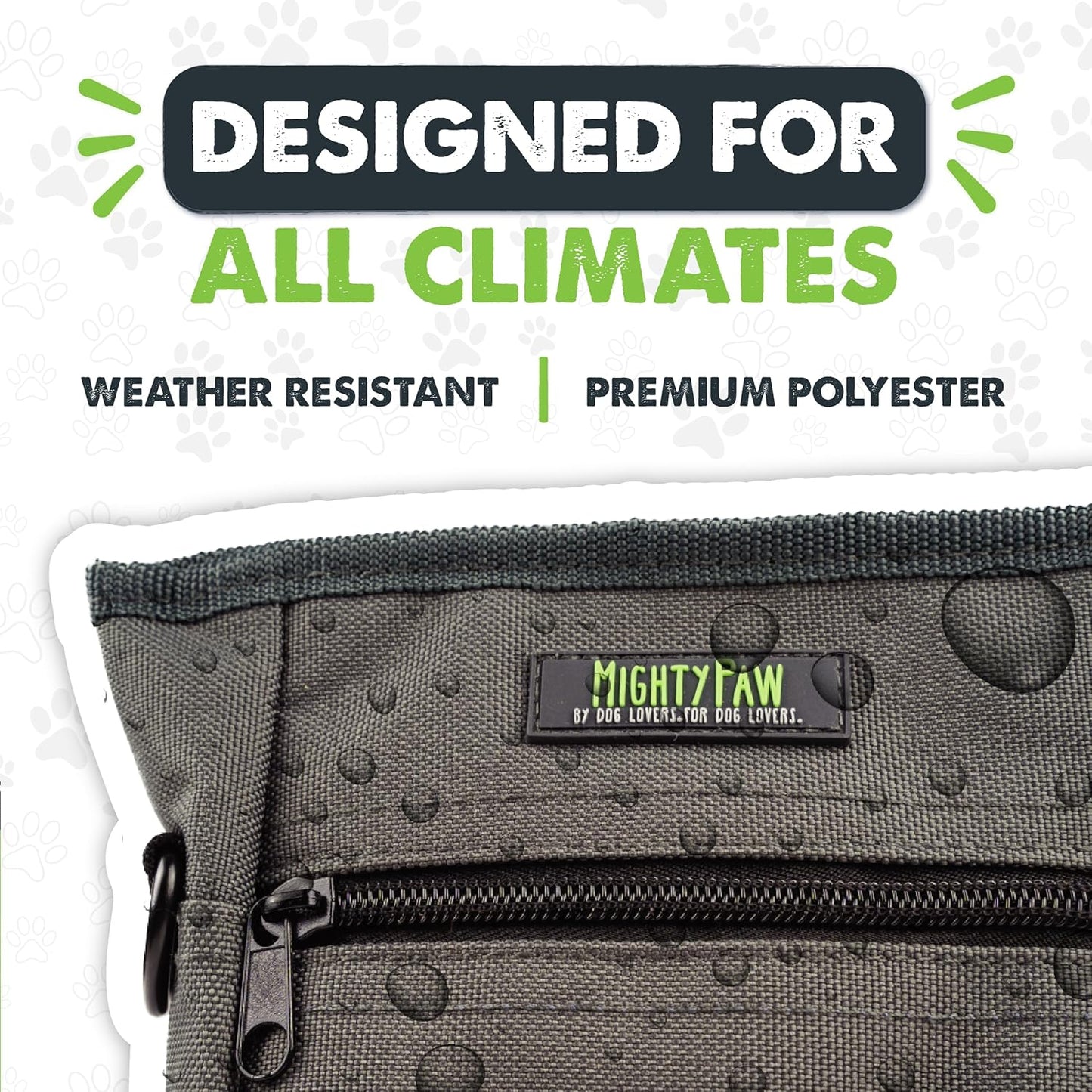 Mighty Paw Dog Treat Pouch 2.0 | Pet Training Hands-Free Snack Bag w/Strap. Holds 2 Cups Kibble, Phone & Keys. Magnetic Clasp & Waist Belt Clip. Includes 1 Roll of Poop Bags (Green/Grey)