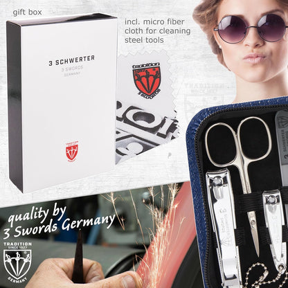 3 Swords Germany - brand quality 8 piece manicure pedicure grooming kit set for professional finger & toe nail care scissors clipper fashion leather case camou in gift box, Made in Germany