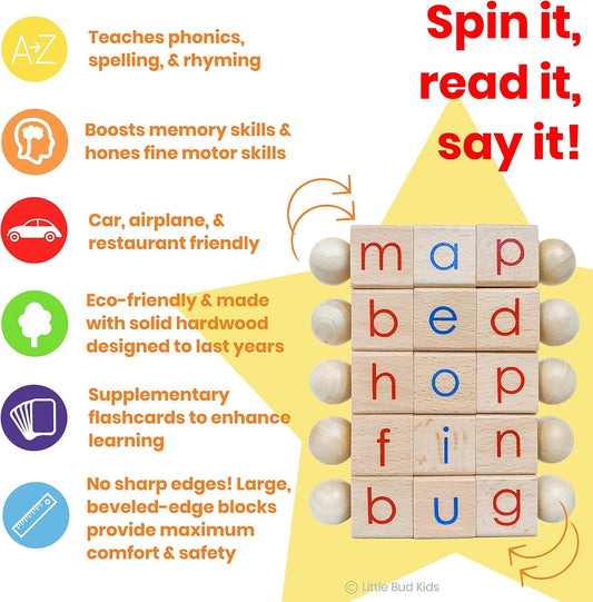 Little Bud Kids Spin-and-Read Phonics Toy, Rotating Wooden Reading Blocks with CVC Flash Cards, A Montessori Reading Learning Resources Toy for 3-5 Years Old