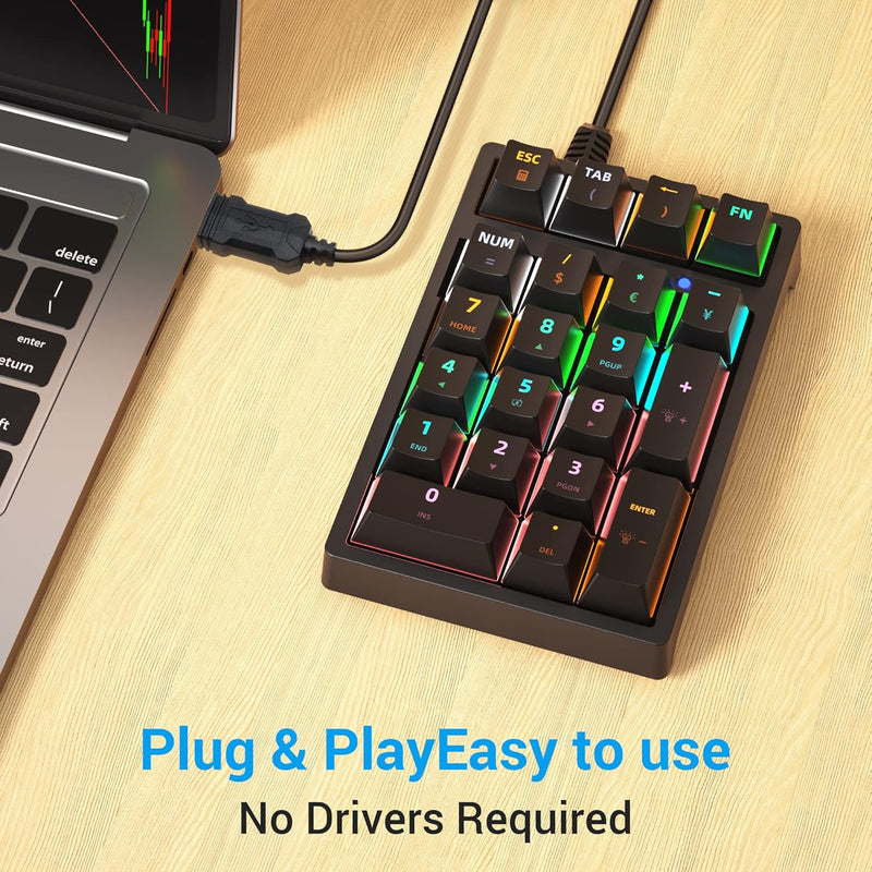 Purilite Select 21-Key Mechanical Numeric Keypad | RGB Backlit Blue Switch with Programmable Keys