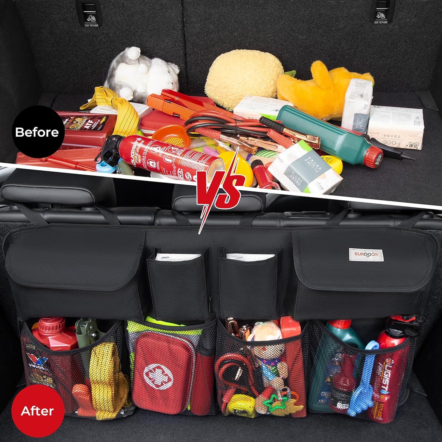 SURDOCA Car Trunk Organizer, 3rd Gen [7 Times Upgrade] Super Capacity Car Organizer, Equipped with [Robust Elastic Net & 3 Magic Stick] Car Trunk Tidy Storage Bag with Lids, Space Saving Expert-Black